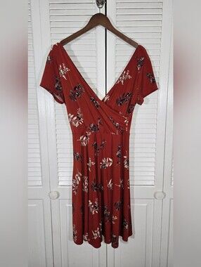 Kaleigh Knit Faux Wrap Rust Botanical Floral Short Sleeve Empire Waist Dress XL